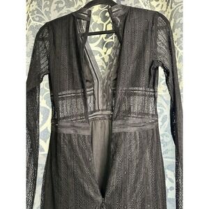 Lucy Wang Sexy Size M Black Lace V Neck Long Sleeve Mini Dress W/ Skirt Liner